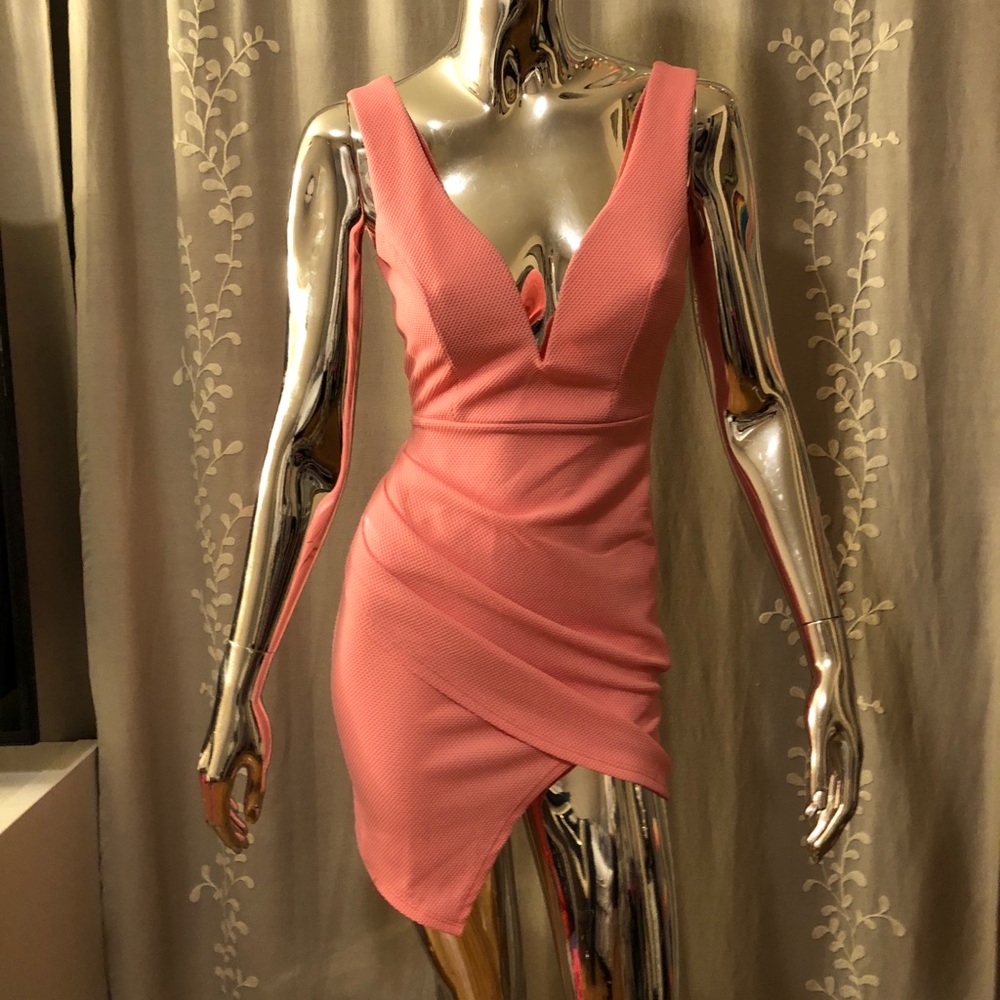 Pink Low Cut Asymmetric Wrap Bodycon Dress